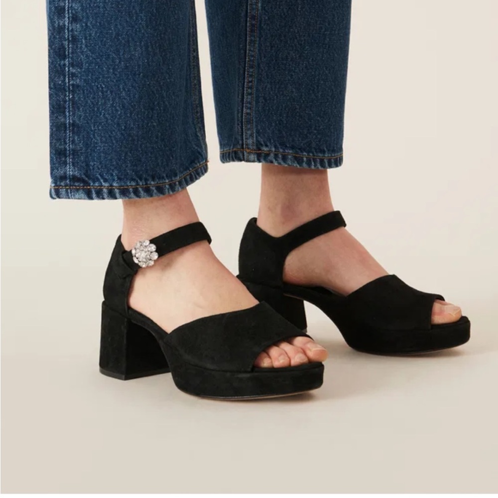Ganni Suede Low Plateau Heel Sandals Black size 38